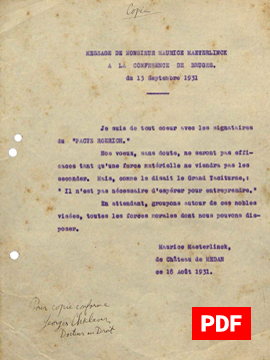 Морис Метерлинк. Послание Конференции за Пакт Рериха в Брюгге.	18 августа 1931