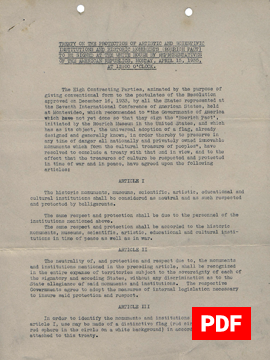 Текст Пакта Рериха, подписанного в Белом Доме в Вашингтоне.	15 апреля 1935 г.