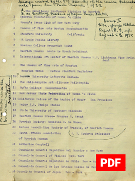 Список приветствий, полученных 2-й Международной конференцией за Пакт Рериха в Брюгге. Август 1932 г.